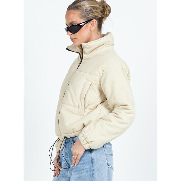 Princess Polly Beige Corduroy Cropped Puffer Jacket Size 0 Zip Front Coat - Picture 2 of 12